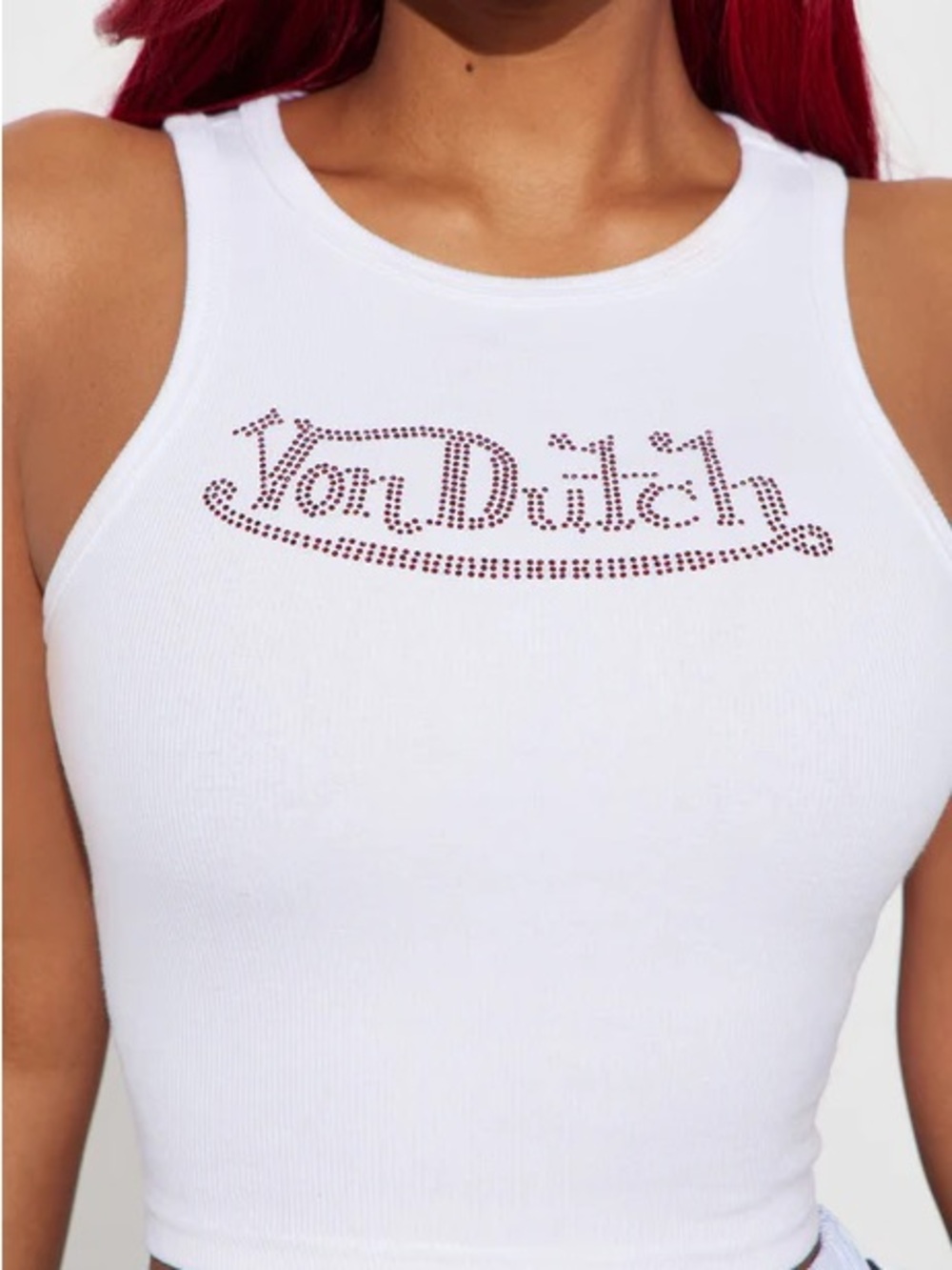 Von Dutch White Ribbed Tank with Red Rhinestone Logo